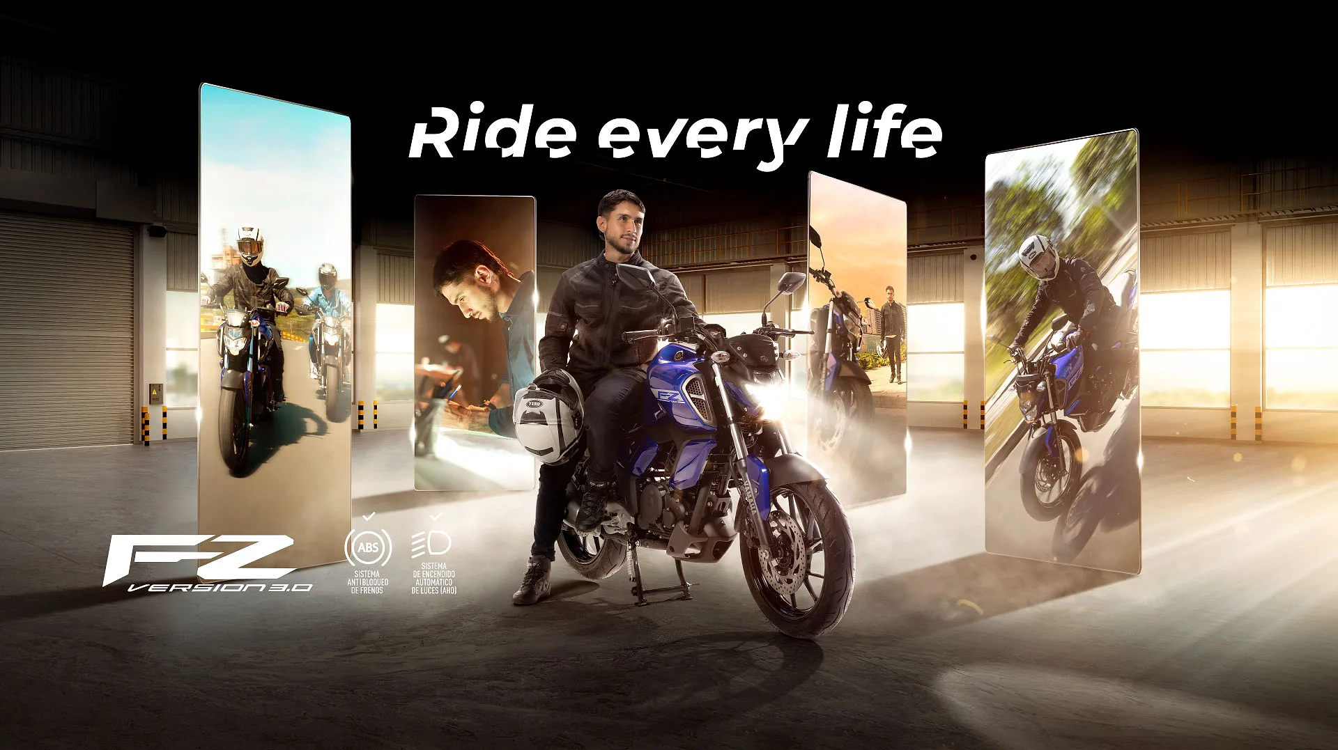 Piloto con casco junto a una Yamaha FZ15 azul con la frase Ride every life